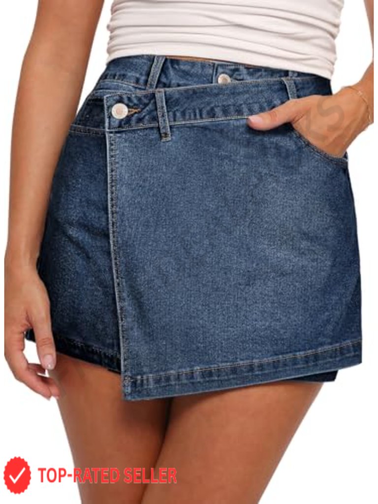 High Waisted Denim Skort With Wrap Design And Pockets